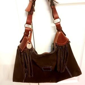Dooney & Bourke Vintage Signature Brown Suede Hobo Shoulder Handbag pre-owned.